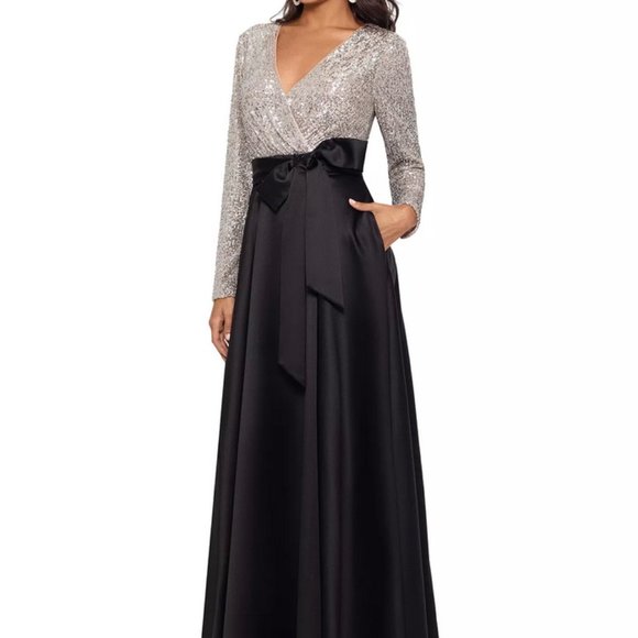 Xscape Silver Sequin-Top Black Taffeta Ball Gown - Picture 3 of 7